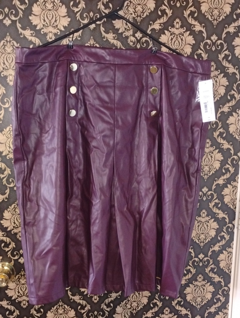 Liz Claiborne Plum Faux Leather A-Line Skirt with Gold Buttons